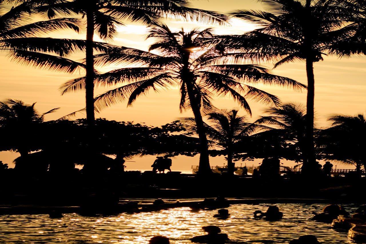 Fiesta Resort All Inclusive Central Pacific - Costa Rica El Roble Exterior photo The photo depicts a scenic view at sunset, featuring silhouettes of palm trees against a vibrant sky. The sun is setting, casting warm hues of orange and yellow, creating a serene atmosphere. In the foreground, there is a body of water that reflects 